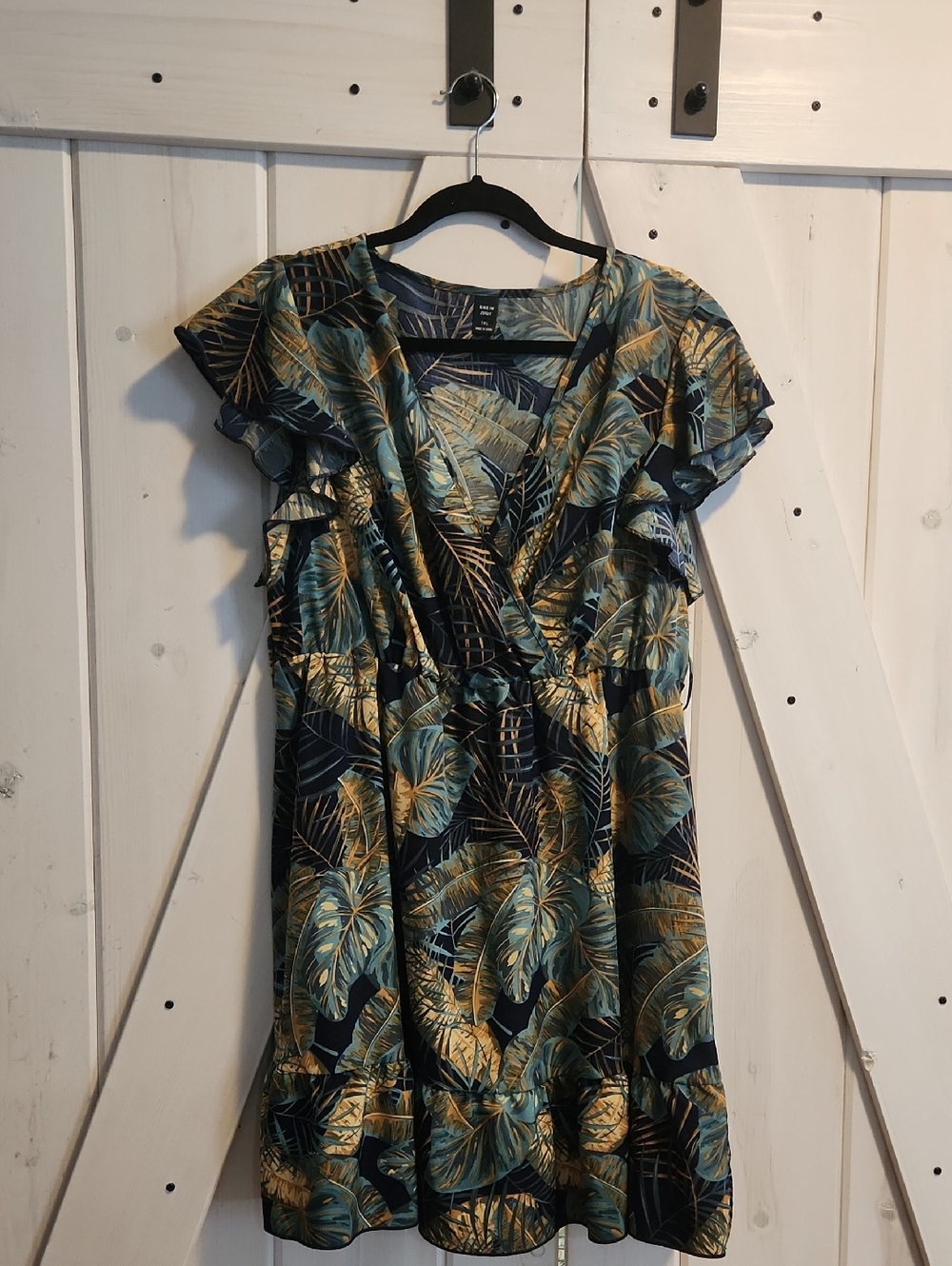 SHEIN Teal & Gold Tropical Leaf Mini Dress
